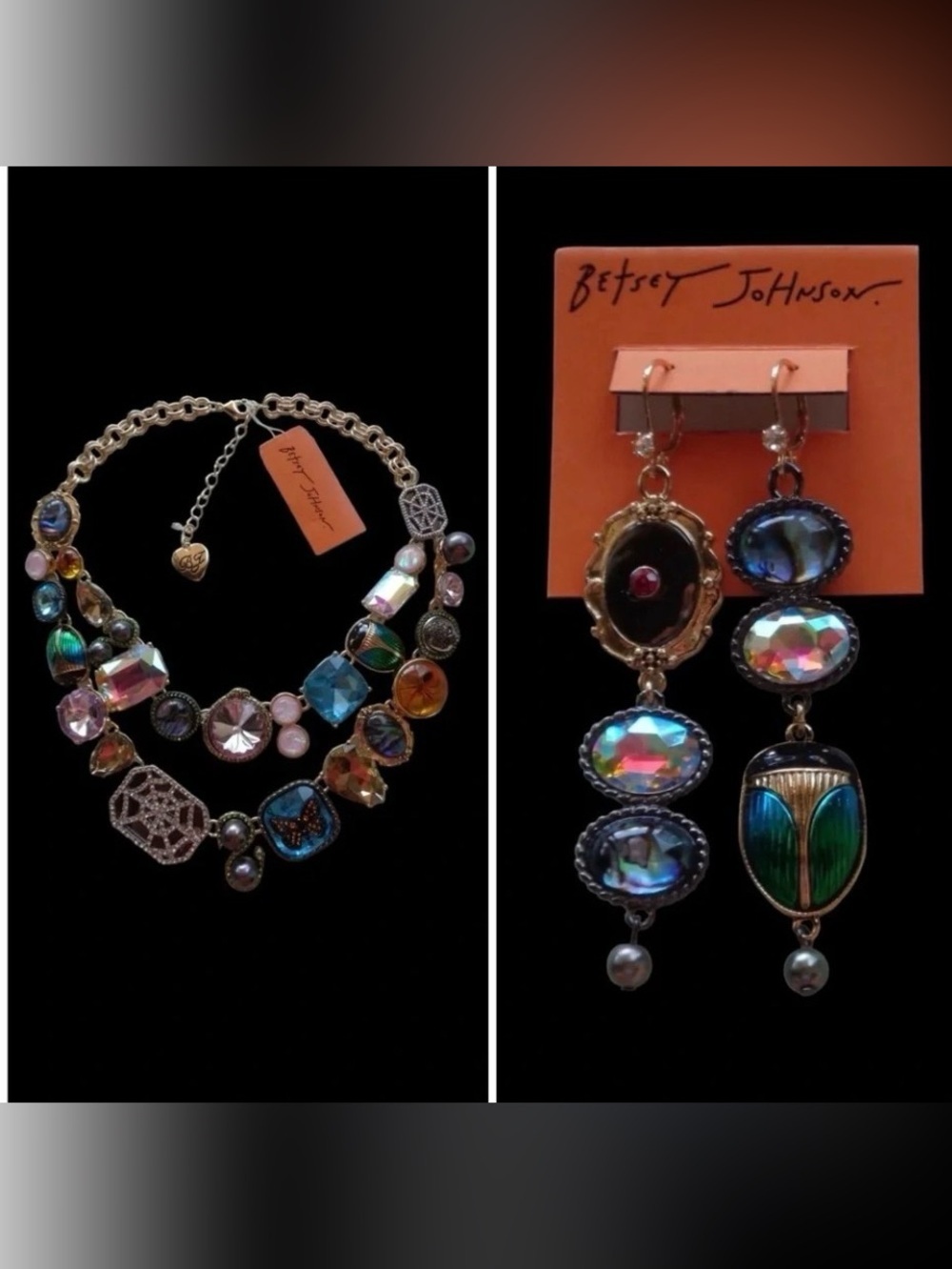 BETSEY JOHNSON SET Halloween Multi-Charm & Stones Scarab Necklace & Earrings NWT